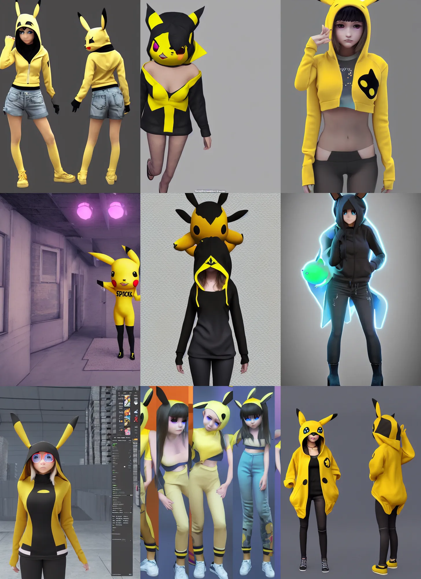 Image similar to vrchat, secondlife, imvu, 3 d model of a girl in a pikachu hoodie, hq render, detailed textures, artstationhd, booth. pm, highly detailed attributes and atmosphere, dim volumetric cinematic lighting, hd, unity unreal engine