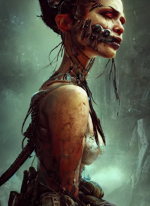 Image similar to hyper realistic photography portrait of postapocalyptic cyberpunk pagan medieval tribal festival warrior curvy partygirl valkyr face cinematic, vallejo, craig mullins greg rutkowski, artstation, cgsociety