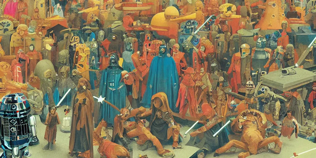 Image similar to a colorful scene from Star Wars, detailed illustration, character design, intricate, by Wes Anderson, hieronymus bosch and Moebius