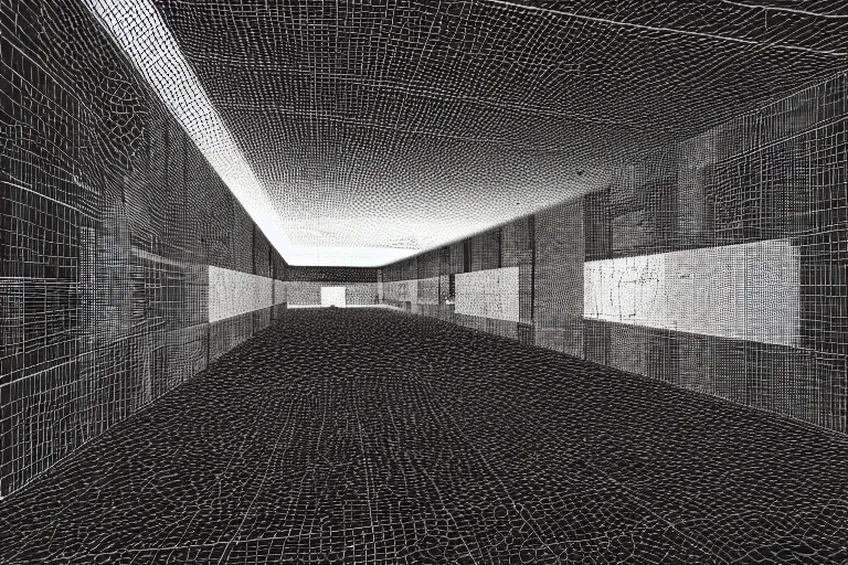 Image similar to cctv of an extremely dark infinite never ending ikea, dark deep black shadows, in the style of trevor henderson and james ensor goya, liminal space, 3 d render, glitch effect