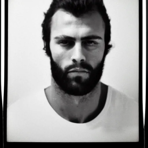Prompt: Mugshot Portrait of Gigachad, taken in the 1970s, photo taken on a 1970s polaroid camera, grainy, real life, hyperrealistic, ultra realistic, realistic, highly detailed, epic, HD quality, 8k resolution, body and headshot, film still, front facing, front view, headshot and bodyshot, detailed face, very detailed face