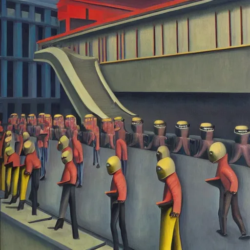 Prompt: drab human slaves on a conveyor belt, guarded by fascist robot overlords, brutalist facility, battersea, dystopian, pj crook, edward hopper, oil on canvas