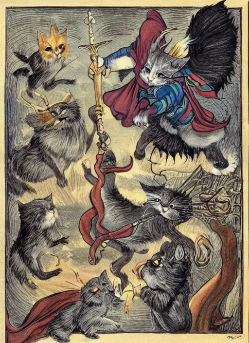 Prompt: Flying cats and a wizard with a staff, high elaboration of details, style of image of fentesi