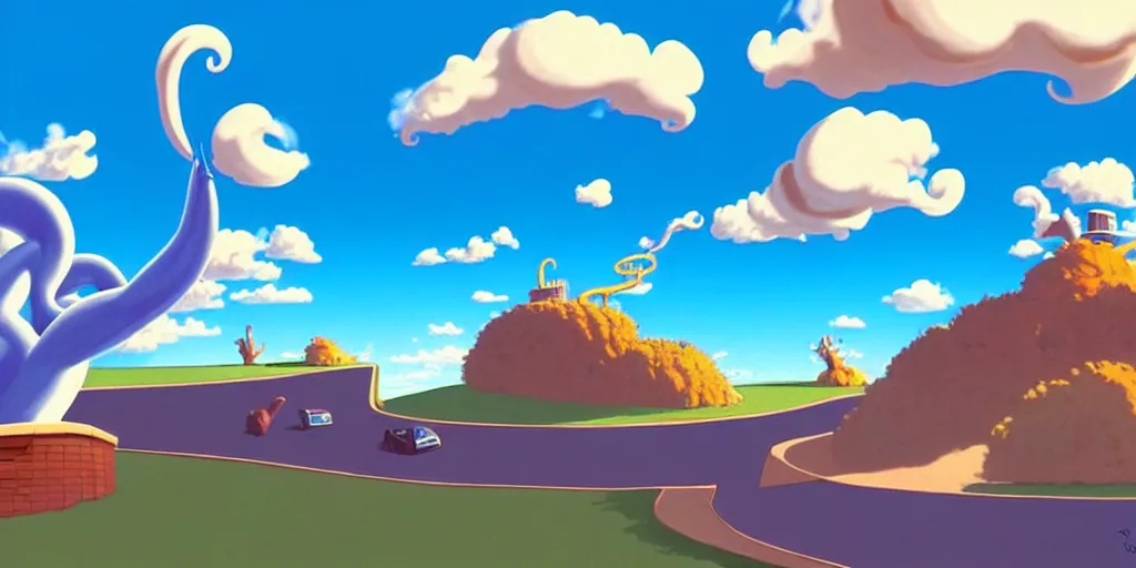 Image similar to cartoon concept art, clean blue sky, spiral clouds, from sam and max, from the hortons