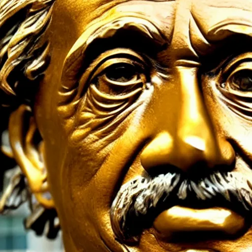 Prompt: a bronze bust of Albert Einstein visible disappointed by humanity