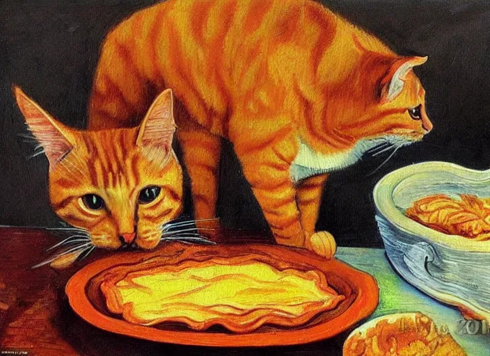 Image similar to detailed realistic realism painting of orange tabby cat eating lasagna at dusk, in the style of vincent van gogh and salvador dali and leonardo da vinci