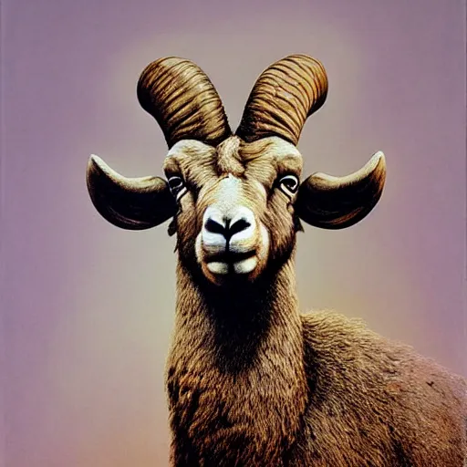 Image similar to Angry Yellow Bighorn Sheep portrait, dark fantasy, blue, artstation painted by Zdzisław Beksiński and Wayne Barlowe