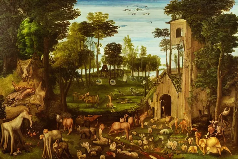 Prompt: a mistic fa forest with many animals, with a old house, in entrance of the house and old woman rocking in a rocking chair.renaissance painting style.high detail painting