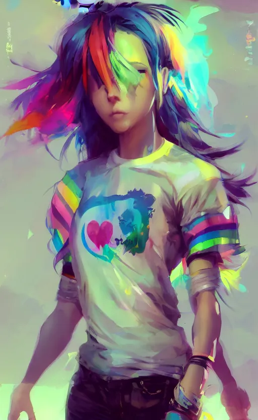 Image similar to a cute woman with rainbow hair dancing, kawaii shirt and jeans, kawaii chibi unicorn friend, In style of Yoji Shinkawa, wojtek fus, by Jordan Grimmer and greg rutkowski, concept art, highly detailed