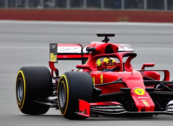 Prompt: live action photo of the 2 0 2 1 f 1 ferrari car, with clown make up livery, 8 k, hdr, sports photography