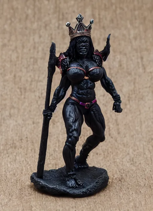 Image similar to 80mm resin detailed miniature of a Very Muscular Queen, angry, black skin, long cloak, bikini-armor, iron crown, Shaved Skinhead, on textured disc base, Company logo in upper left corner; Miniature product Photo, 4K, Full body