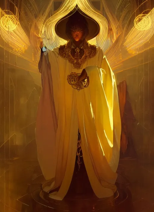 Prompt: a well endowed mage wearing gold robes, intricate concept art, ethereal, enchanted, ominous, dramatic lighting, illuminated lines, dark background, 8 k, by ruan jia and krenz cushart and alphonse mucha