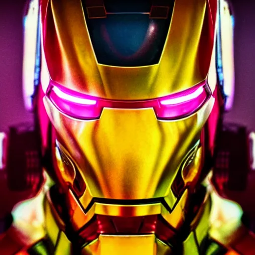 Image similar to Cyberpunk Iron man, close up shot, neon, cyborg, futuristic, photorealistic, 8K, reflection on helmet,