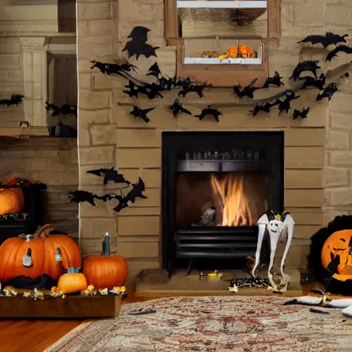 Image similar to a realistic photo of a fireplace mantle decorated for halloween, with black bats on the wall, and pumpkins on the floor, photorealism, dramatic lighting