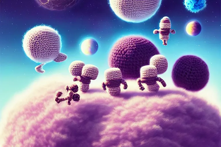 Image similar to an expedition of crochet astronauts discovering a new fluffy planet made out of yarn. cute, illustration, digital art, inspired by little big planet, by greg rutkowski, detailed, sharp, masterpiece, highly detailed, photorealistic, octane render, 8 k, unreal engine 5, trending on artstation