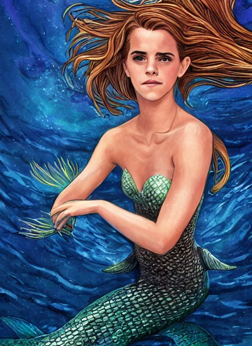 Image similar to Emma Watson as a mermaid, portrait by Patrick Gleason