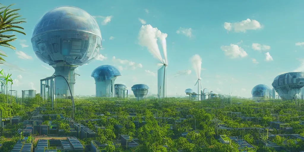 Image similar to giant solarpunk power station in the middle of the city, clear blue skies, sci - fi, plants, greenery, digital art by beeple