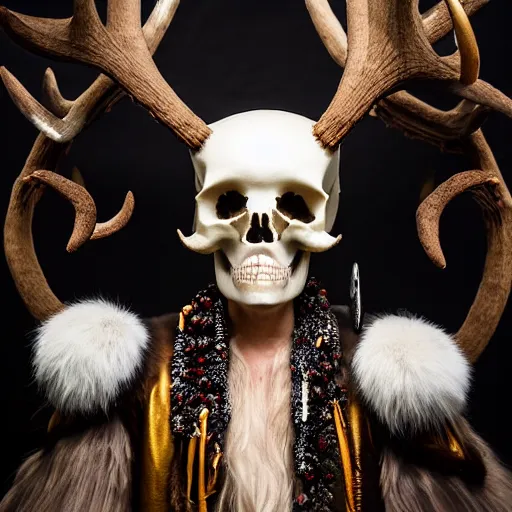 Image similar to a photographic portrait of a anthropomorphic norse mythology mimosa, wearing furry clothes and artifact head gear made of deer horn and skull bones embaded with jewels in the style of heilung an experimental folk music band, elegant, highly detailed, hyper realism, 4k, DSLR, artstation, smooth, sharp focus, octane render, 3d, good clear quality, lighting, biology, symmetrical artwork, perfect face, high detail, octane render