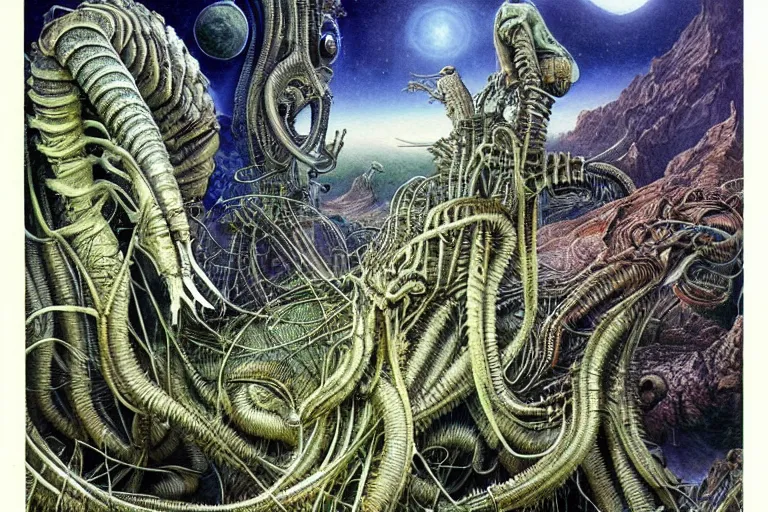 Image similar to a surreal and awe - inspiring science fiction landscape, alien plants and animals, intricate, elegant, uplifting, happy, inspirational, highly detailed watercolor painting by h. r. giger and mark brooks