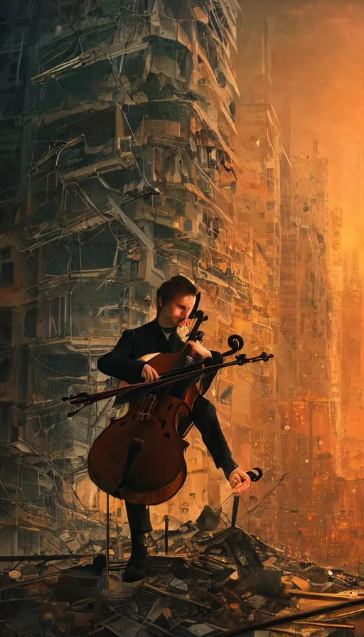 Prompt: a cellist playing in the rubble of a fallen cyberpunk city looming above him, beautifully lit, concept art, sharp focus, a digital illustration by sam spratt and salvidor dali