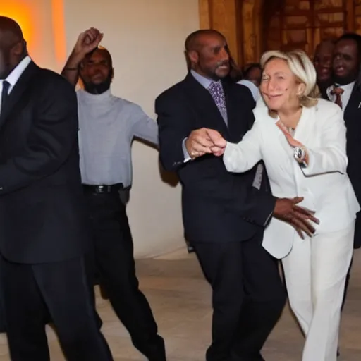 Prompt: Marine Lepen dancing with black guys in a mosque.