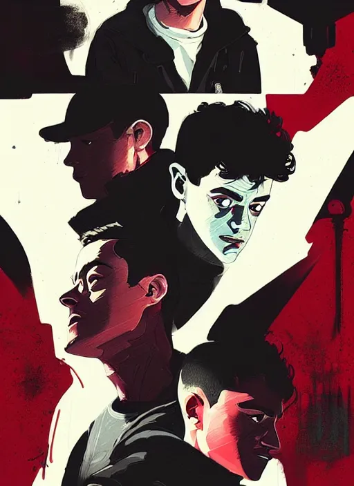 Image similar to highly detailed closeup portrait of rami malek, elliot alderson, black hoody by atey ghailan, by greg rutkowski, by greg tocchini, by james gilleard, by joe fenton, by kaethe butcher, gradient red, black and white color scheme, grunge aesthetic!!! ( ( graffiti tag wall background ) )