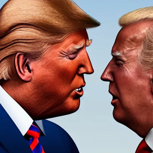 Image similar to joe biden and donald trump kissing, 2 0 2 4 presidential debate, photorealistic rendering. artstation, 4 k, hyperrealism