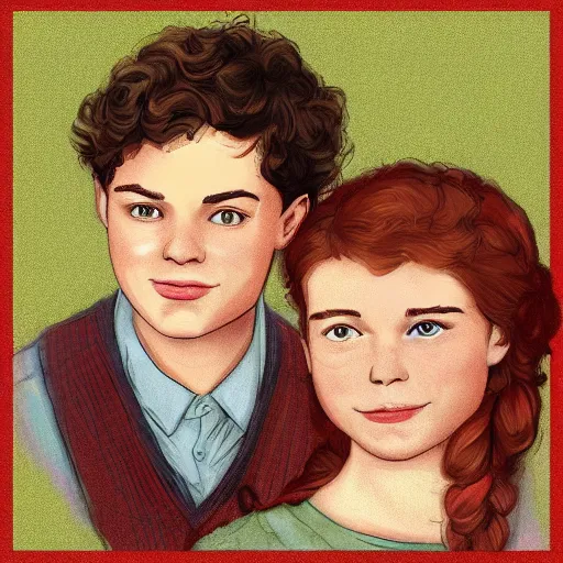 Image similar to Gilbert Blythe from anne with an e as college students, digital art