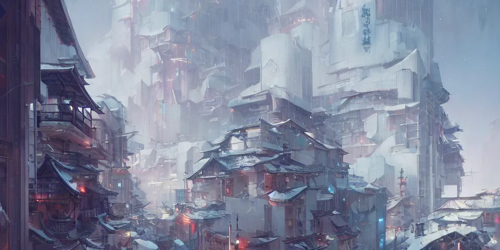 Image similar to japan's architectural street, snow in the city, buildings surrounded by cherry trees, cyberpunk, trends in artstation by peter mohrbacher,