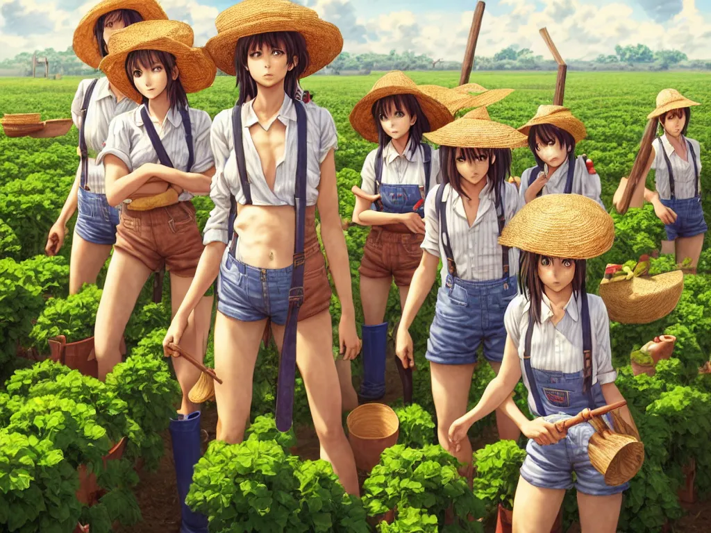 Image similar to mandragora farmer girls working on the sunny day, wearing a suspenders and straw hats, artgerm, artstation, art by hiroaki samura and jiro matsumoto and yusuke murata, box office hit, movie poster, unreal engine, octane render, sharp focus, high quality, highly detailed 8 k