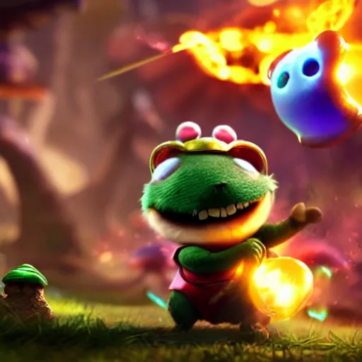 Image similar to teemo from league of legends blowing up magic mushrooms, cinematic cutscene render