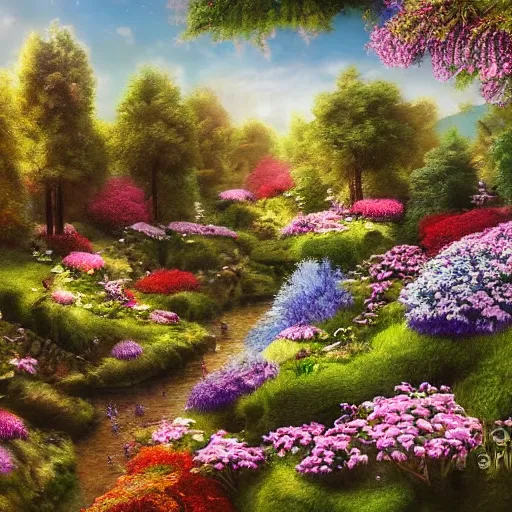 Prompt: a woodland city blooming with flowers by christian dimitrov, cityscape, multilevel, detailed, beautiful, realistic