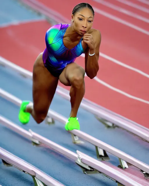 Image similar to stock photos of allyson felix, wearing a skin tight futuristic iridescent tracksuit, crouching at the 2 0 0 - meter starting line, hyperreal, she is sweating profusely