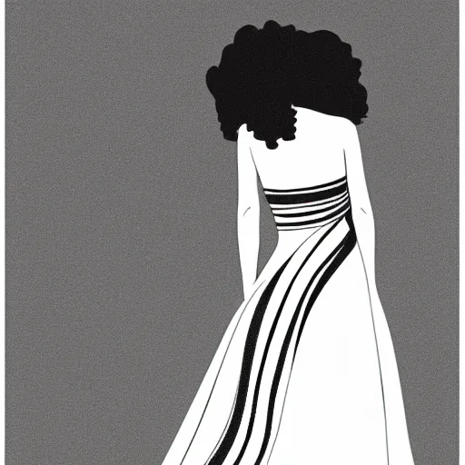 Image similar to a black and white line drawing of the silhouette of a woman with long curly hair using a dress