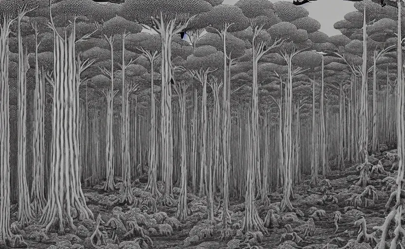 Image similar to giant forest with single wooden cabin, made by Kawase Hasui in unkiyo-e style in disturbing and gloomy atmosphere in Junji Ito style with vibes of Joe Fenton, H. R. Giger, M. C. Escher, Z. Beksinski