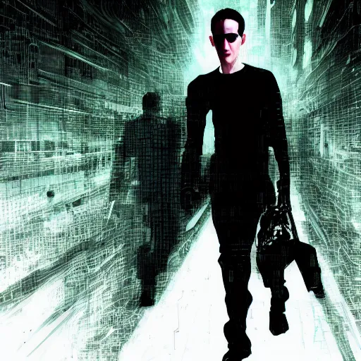 Prompt: highly detailed artistic movie still of Mark Zuckerberg in the matrix ((Mark Zuckerberg)) (((((Mark Zuckerberg)))) by Dustin Nguyen, Akihiko Yoshida, Greg Tocchini, Greg Rutkowski, Cliff Chiang, 4k resolution, nier:automata inspired, bravely default inspired, vibrant but dreary green, black and white color scheme!!! ((hallway background))