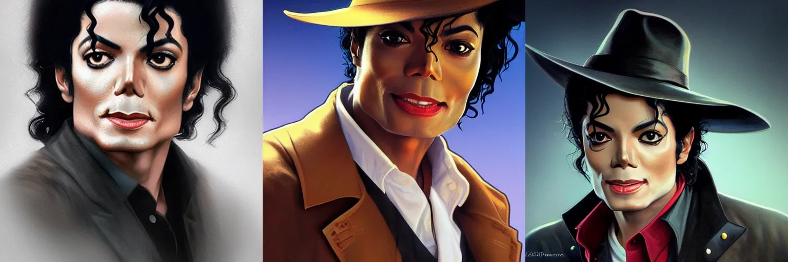 Prompt: portrait of Michael Jackson as a detective, highly detailed, digital painting, artstation, concept art, sharp focus, illustration, art by artgerm and greg rutkowski and alphonse mucha