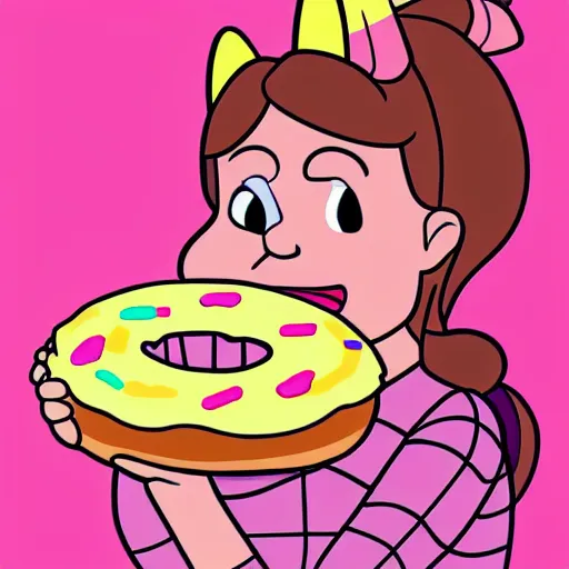 Image similar to Mabel Pines, gravity falls character, eating a donut, colourful, drawing, masterpiece, high detail, digital art