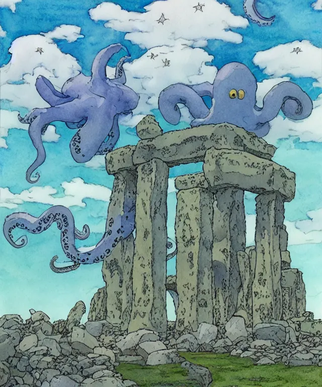 Prompt: a hyperrealist studio ghibli watercolor fantasy concept art. in the foreground is a giant grey octopus building and putting stones in to place on top of stonehenge with shooting stars all over the sky in the background. by rebecca guay, michael kaluta, charles vess