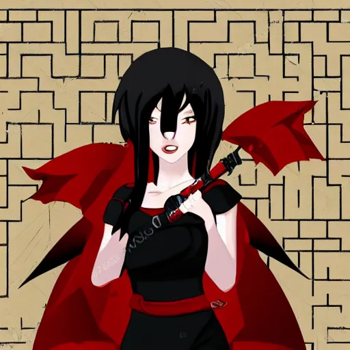 Image similar to rpg style portrait of a demon girl where a black and red dress