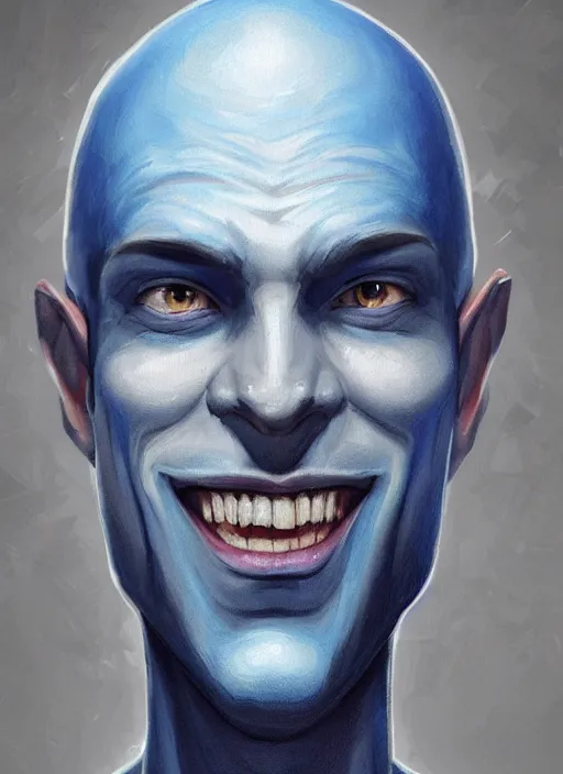 Image similar to head-on symmetrical centered painted portrait, a smiling bald androgynous man with completely blue skin in his twenties as a D&D wizard, fantasy, intricate, elegant, highly detailed, digital painting, smooth, sharp focus, illustration, artstation, in the style of Artgerm and Anna Podedworna and Charlie Bowater and Michael Garmash