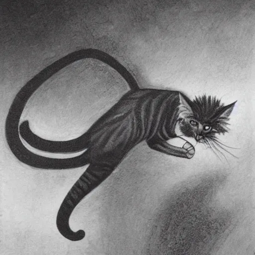 Prompt: Very stretchy cat in the style of Stephen Gammell