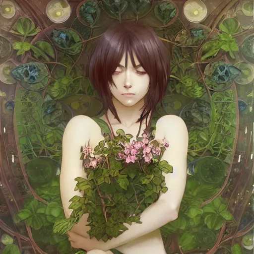 Image similar to An anime young woman plant hybrid, vine and plants and flowers, intricate, digital painting, highly detailed, concept art, Artstation, Cgsociety, Artgerm, Alphonse Mucha, Wlop