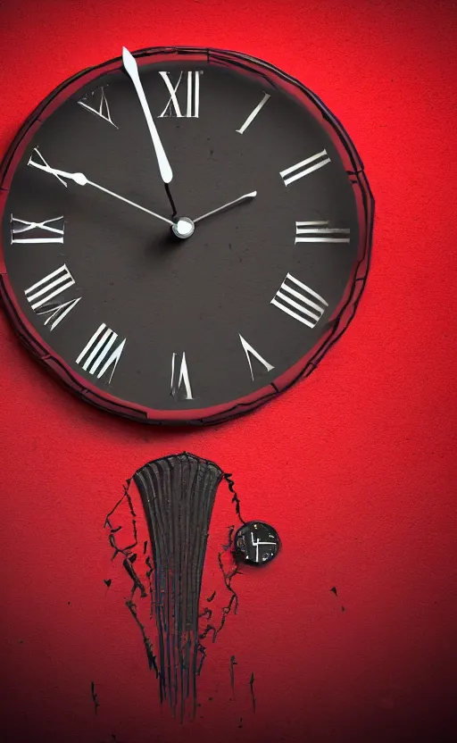 Image similar to a melting Roman numeral clock, behind a red and black gradient background, awith a black heart shaped on the top left corner and a black diamond card shape in the bottom right corner, dynamic lighting, photorealistic fantasy concept art, trending on art station, stunning visuals, cinematic, creative, ultra detailed