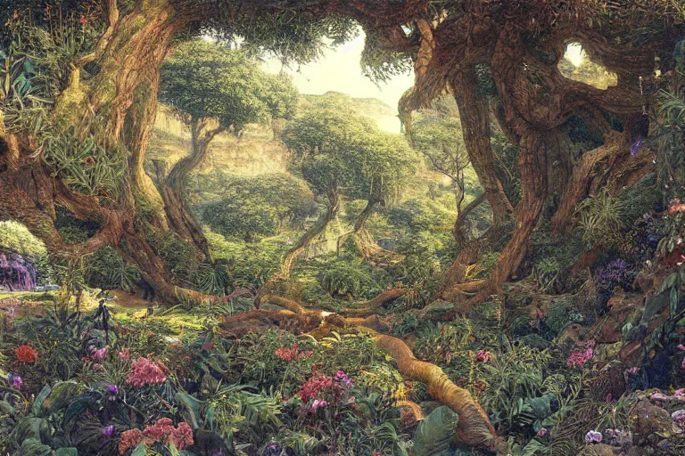 Prompt: hyperdetailed painting of the garden of eden, epic, rendered in octane, painted by alan lee, moebius, giovanni ghisolfi and jan baptist