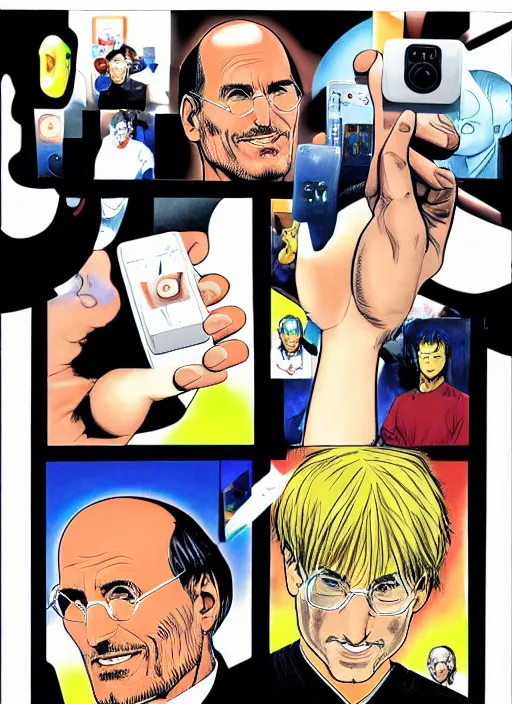Image similar to steve jobs revealing the iphone at wwdc, manga comic, color, by katsuhiro otomo and hiroya oku and makoto yukimura