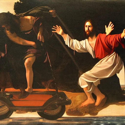 Image similar to Jesus Christ riding a hoverboard across water ,Caravaggio