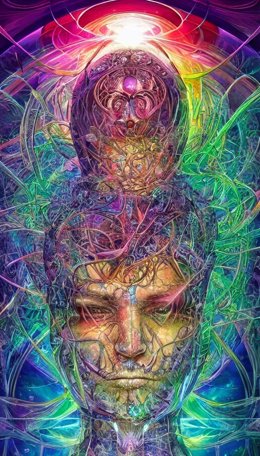 Prompt: Chromatic crystal themed painting of blissful deep forest psytrance praying shaman fantasy biomechanical human beautiful symmetrical face closeup concept, infinity glyph, mandelbulber fractal toroidal background, intricate artwork by Johnatan Wayshak, Moebius, H.R. Giger, Ayami Kojima, Android Jones, Karol Bak, Greg Hildebrandt, and Mark Brooks, Neo-Gothic, gothic, rich deep colors, art by Takato Yamamoto, masterpiece, face by Artgerm, very coherent artwork, cinematic, hyper realism, high detail chromatic ink outline, octane render, unreal engine, 8k, High contrast, golden ratio, trending on cgsociety, ultra high quality model, production quality cinema model