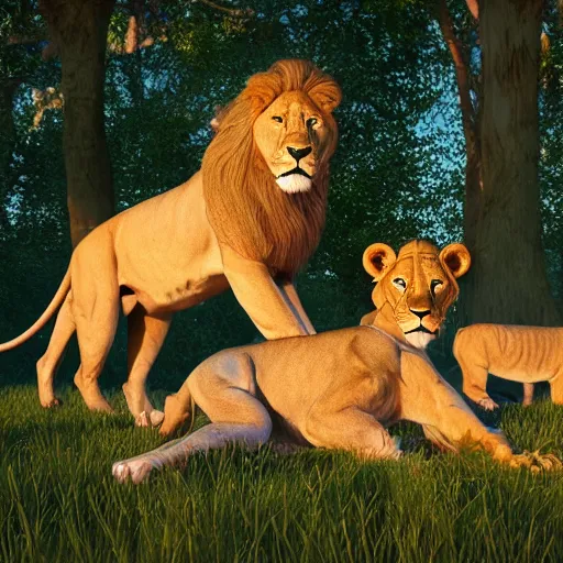 Prompt: A family of lions, illustrated by Maria Panfilova, dappled red lighting, trending on artstation, artstationHQ, artstationHD, artstation 3D render, unreal engine, 4k, 8k