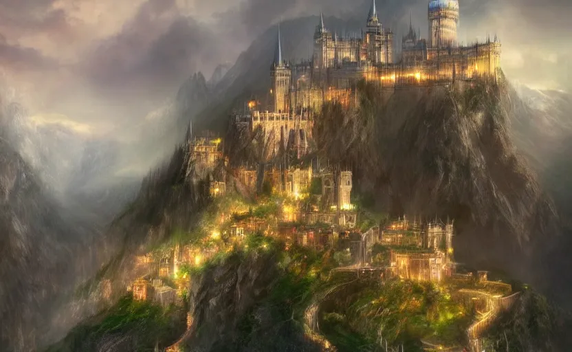 Image similar to beautiful secret city of the elves gondolin on top of a mountain, magical gloomy mystical. by konstantin razumov, fractal flame, chiaroscuro, highly detailded